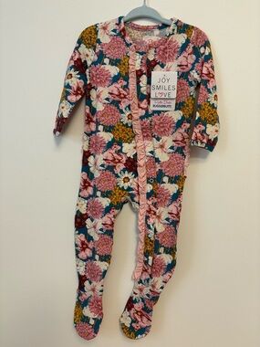 Ruffle Butts Floral Footed One-Piece with Pink Ruffle Trim